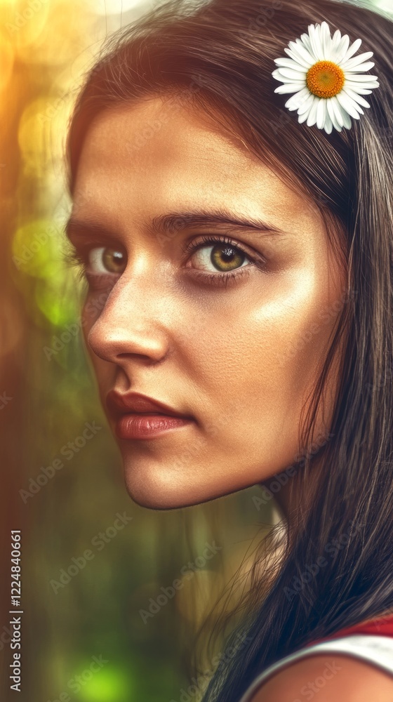 Naklejka premium Young woman with a fresh daisy in her hair enjoys nature during golden hour in a serene outdoor setting