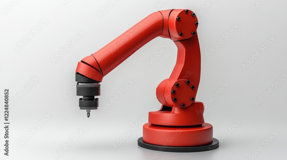 Red robotic arm positioned on a clean surface, showcasing advanced manufacturing technology Red robotic arm positioned on a clean surface, showcasing advanced manufacturing technology