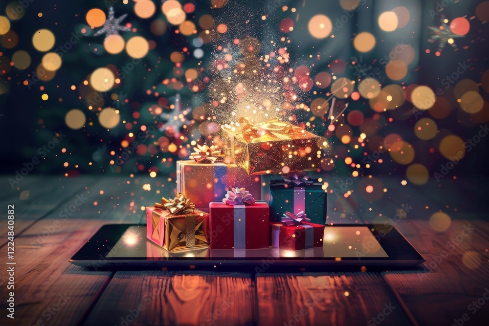 Un tablet aperto come se fosse una scatola regalo, da cui escono oggetti luminosi e scintillanti che rappresentano gli acquisti online Un tablet aperto come se fosse una scatola regalo, da cui escono oggetti luminosi e scintillanti che rappresentano gli acquisti online
