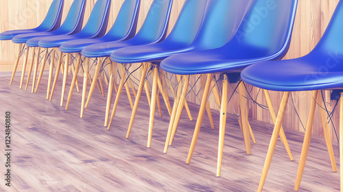 Row of Blue Plastic Chairs ...
