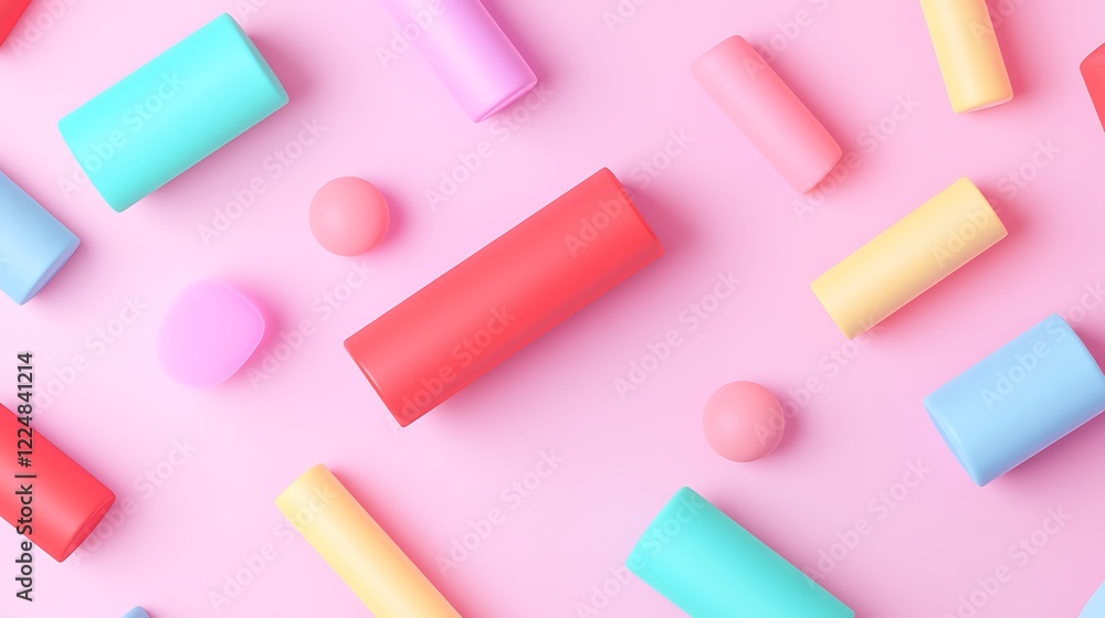 Fototapeta premium Colorful geometric shapes on a pastel pink background creating a playful and vibrant composition