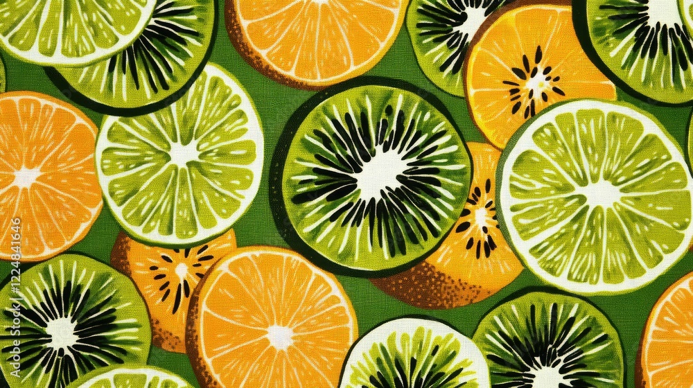 A lively pattern of sliced kiwi, orange, and lemon with bright, sharp details on a fresh green surface A lively pattern of sliced kiwi, orange, and lemon with bright, sharp details on a fresh green surface