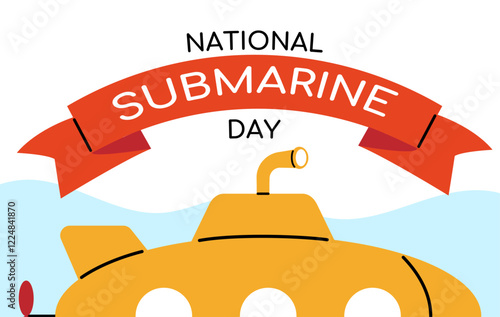 National Submarine Day banner. April 11.  Poster with yellow submarine in the water. Flat design