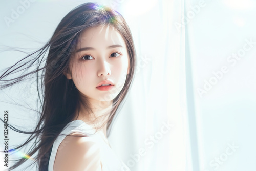 窓際で髪をなびかせる女性