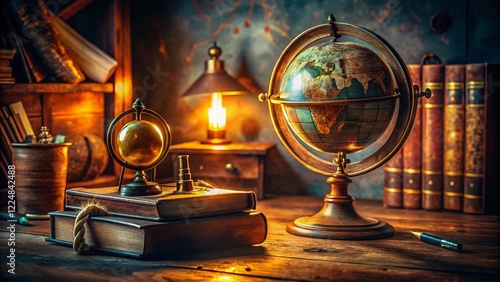 Wallpaper Mural Night Photography: Globe, Compass, and Books on a Desk - Adventure Inspiration Torontodigital.ca