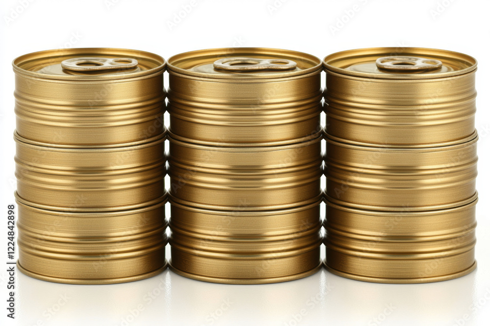 Three stacks of gold-colored cans, neatly arranged. Three stacks of gold-colored cans, neatly arranged.