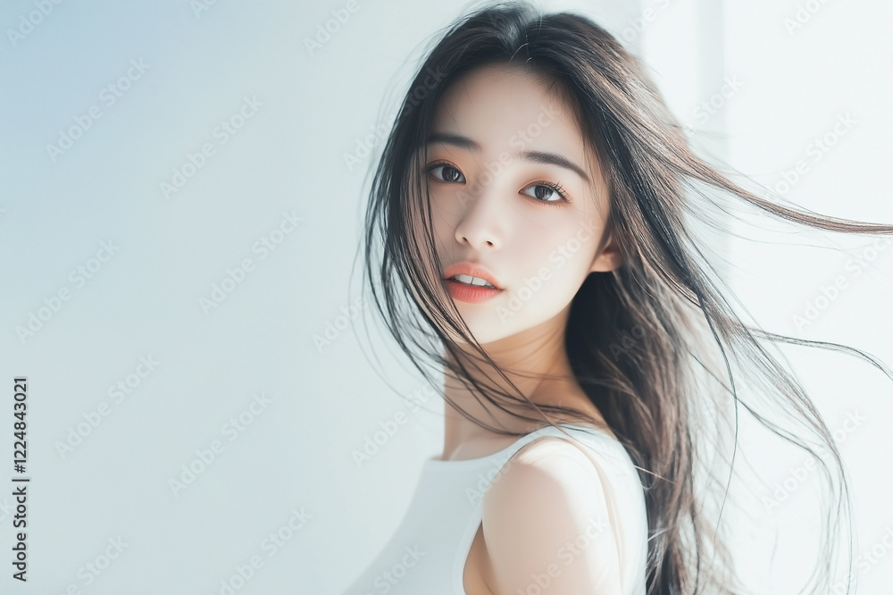 窓際で髪をなびかせる女性