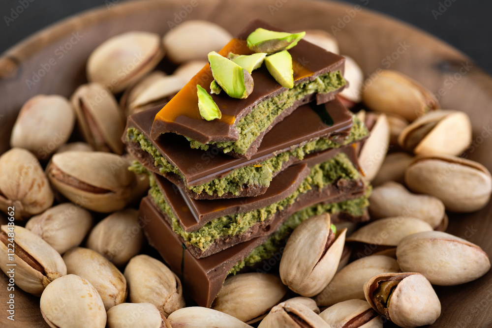 Dubai chocolate with pistachios and kadaif in wooden plate. Dubai chocolate with pistachios and kadaif in wooden plate.