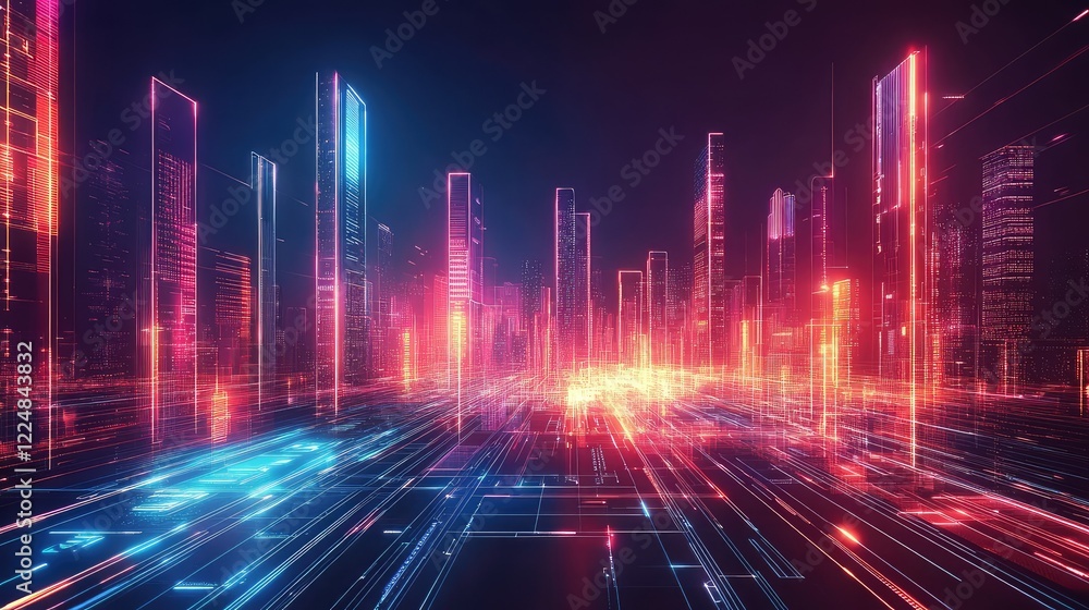 A modern digital landscape with sharp polygonal patterns and glowing neon accents, perfect for tech designs A modern digital landscape with sharp polygonal patterns and glowing neon accents, perfect for tech designs