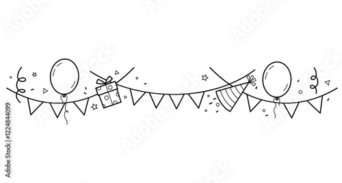 Garland with Flags, balloons and gifts. Decorations for Birthday. Outline frame for invitation card, celebration and holidays.