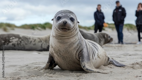 A curious seal lounging on the sandy beach, with a group of people in the background. The seal appears playful and relaxed, enjoying its natural habitat by the sea. photo