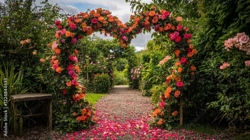 Fototapeta premium Vibrant floral arch forming a heart shape in a garden, with scattered rose petals leading to the entrance, perfect for a romantic walk