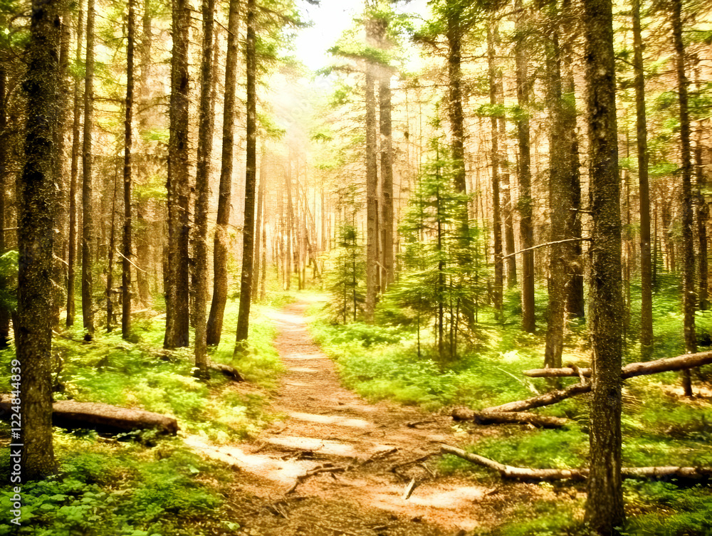 Fototapeta premium Sunlit Forest Path Winds Through Lush Green Undergrowth and Tall Trees Peacefully