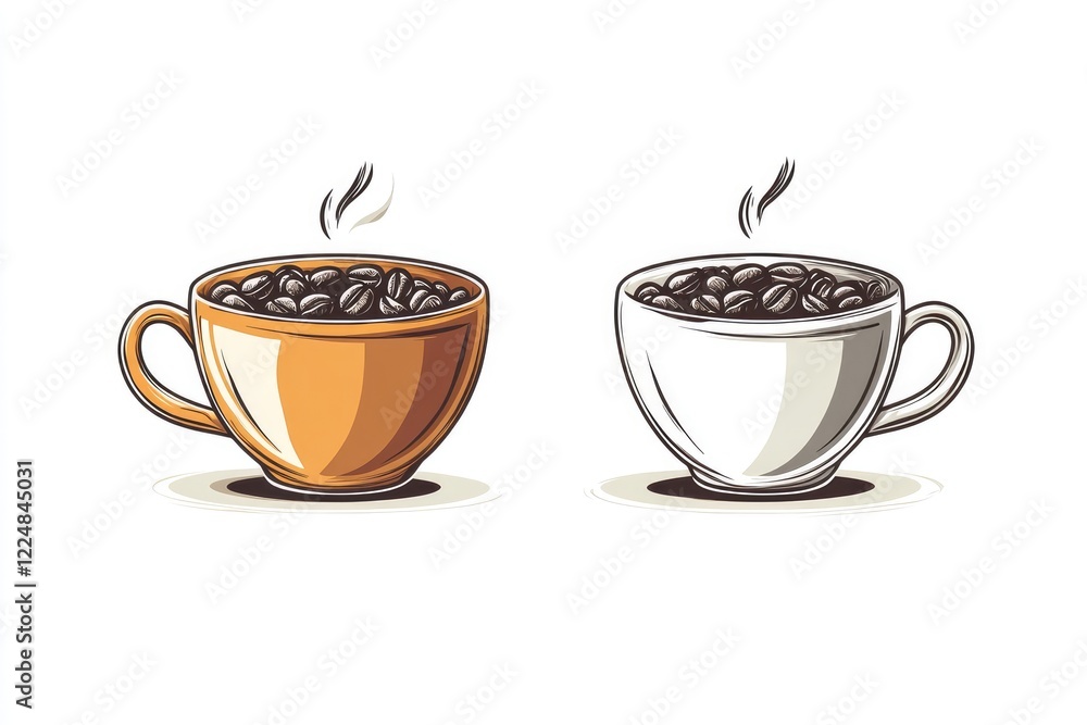 Obraz premium Two steaming cups filled with roasted coffee beans