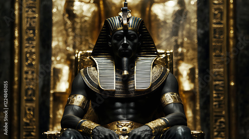 Black egyptian pharaoh sitying on his magestic golden throne in his royal palace. Vintage antique mummified black pharaoh god sitting on his throne  photo