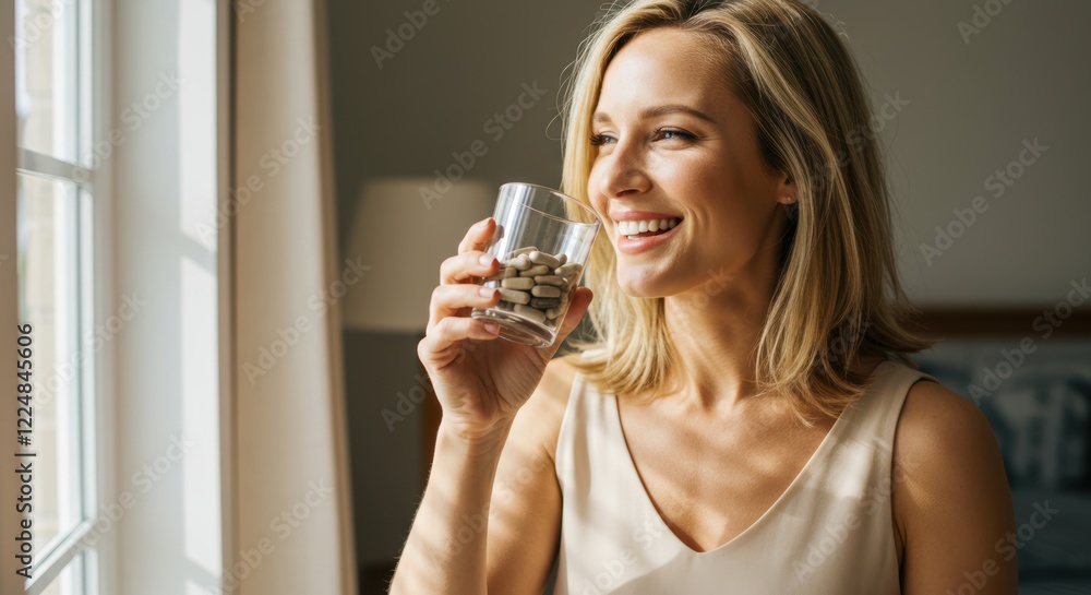 Happy woman enjoying a healthy morning routine with supplements in natural light Happy woman enjoying a healthy morning routine with supplements in natural light