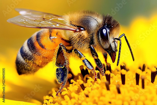 Close-up of a bee pollinating a bright yellow flower, showcasing intricate details and vibrant colors photo