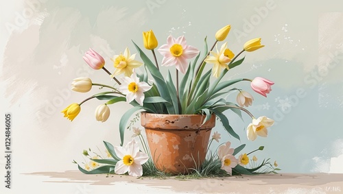 Wallpaper Mural Spring flowers in a ceramic pot. Narcissus, tulip, geacinth. Torontodigital.ca