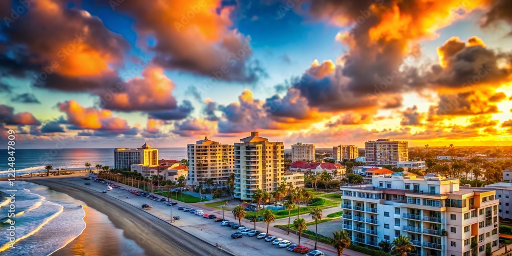 Fototapeta premium Oceanside Sunset: Tilt-Shift Puffy Clouds Over Waterfront Buildings