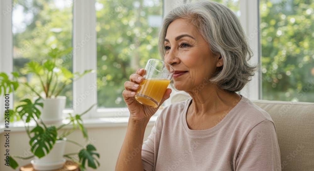 Smiling senior woman enjoying fresh juice in bright home setting Smiling senior woman enjoying fresh juice in bright home setting