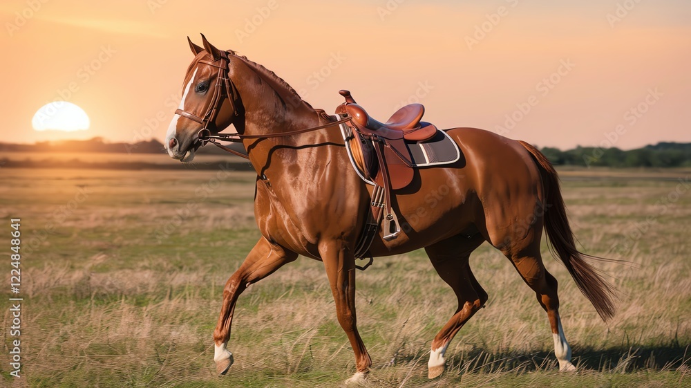A magnificent chestnut horse trots gracefully across a sunlit field during sunset, evoking a sense of freedom and connection with nature in a tranquil landscape. A magnificent chestnut horse trots gracefully across a sunlit field during sunset, evoking a sense of freedom and connection with nature in a tranquil landscape.