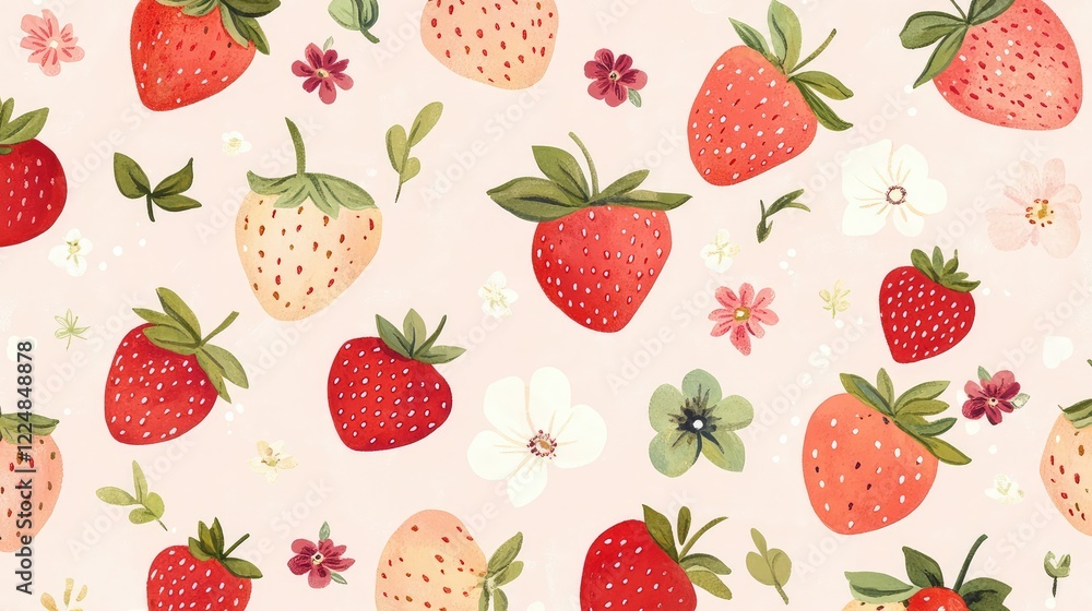 Vibrant and Whimsical Strawberries and Flowers Pattern on Soft Pink Background Perfect for Scrapbooking, Textile Design, and Food-Related Projects Vibrant and Whimsical Strawberries and Flowers Pattern on Soft Pink Background Perfect for Scrapbooking, Textile Design, and Food-Related Projects