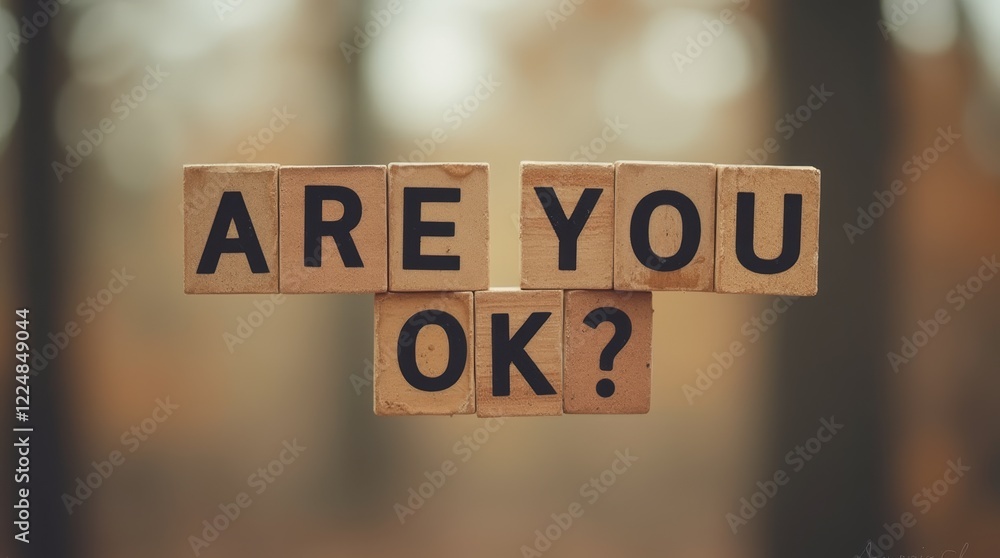 Are you OK text spelled with wooden blocks on blurred background. Mental health and motivation concept with warm natural tones Are you OK text spelled with wooden blocks on blurred background. Mental health and motivation concept with warm natural tones