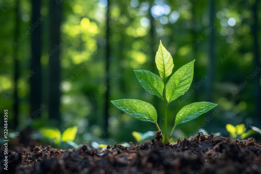 Small plant growing in fertile soil in forest, representing growth and rebirth Small plant growing in fertile soil in forest, representing growth and rebirth