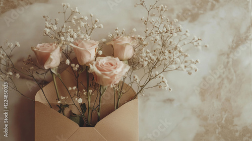 Elegant Pink Roses and Baby's Breath in Envelope on Marble Surface