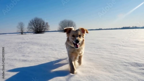 a puppy running in the snow
