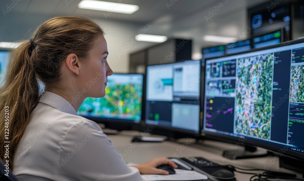 Person Monitoring Multiple Screens in High-Tech Control Room, Surveillance and Analysis, Data Visualization, Technology Management, Real-Time Information, Generative AI Person Monitoring Multiple Screens in High-Tech Control Room, Surveillance and Analysis, Data Visualization, Technology Management, Real-Time Information, Generative AI