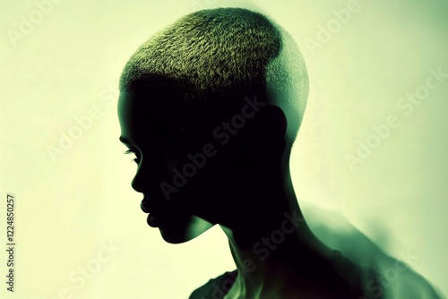 Stunning calm mixed-race girl - for ads, advertisement and digital promotion use. Commercial ad campaign concept art. Short haircut - blond hair. Colored woman. Artistic beauty ideas. photo