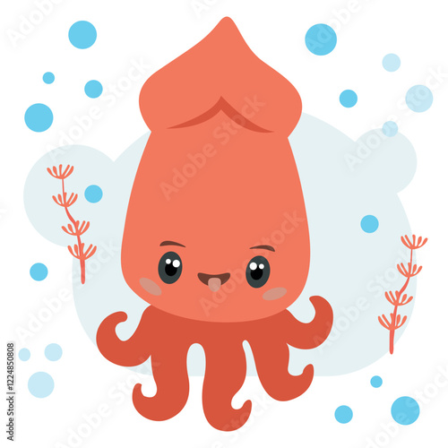 Squid in the water, vector cute ocean dweller. Children's illustration.