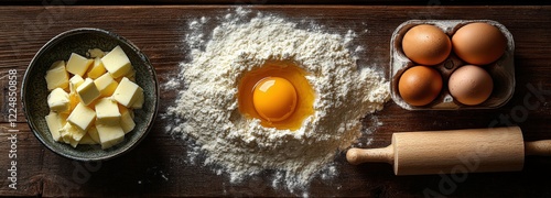 Cooking preparation with flour, eggs, butter, and sugar on a wooden table photo