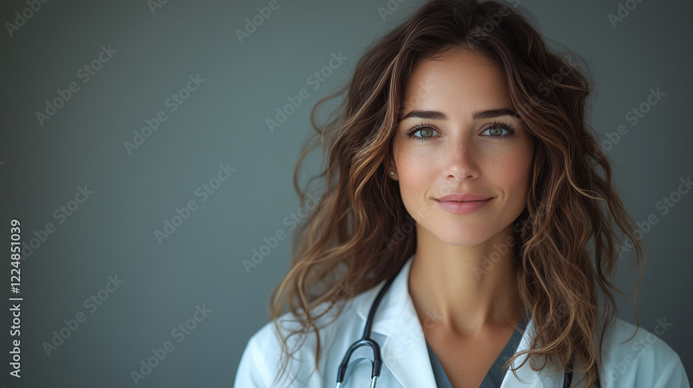Professional image of a female doctor wearing a white lab coat and a stethoscope, exuding confidence and expertise in a medical setting. Ideal for healthcare, wellness, and professional themes Professional image of a female doctor wearing a white lab coat and a stethoscope, exuding confidence and expertise in a medical setting. Ideal for healthcare, wellness, and professional themes