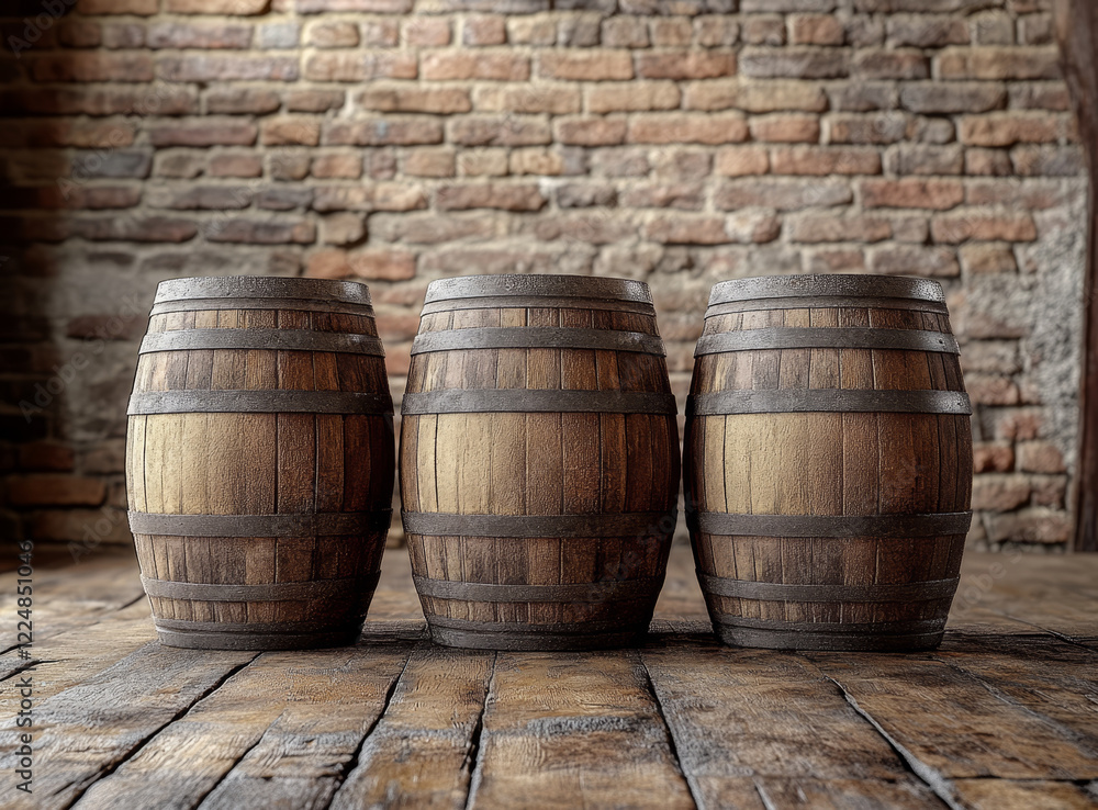 Three wooden barrels against a brick wall. Three wooden barrels against a brick wall.
