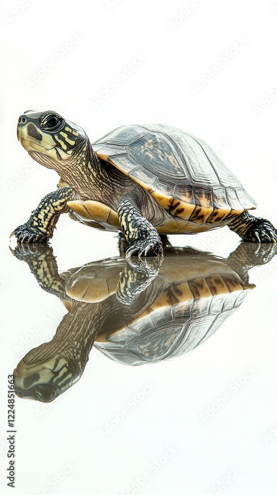 Naklejka premium A turtle on a reflective surface with a detailed shell and a bright background