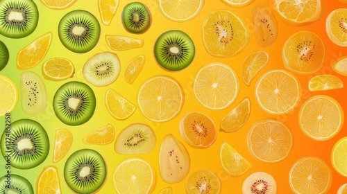 A tropical fruit pattern with kiwi, orange, and lemon slices evenly spaced across a gradient background