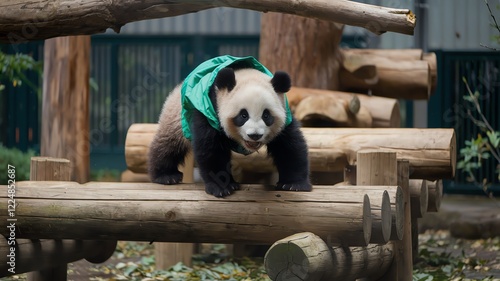 A playful panda cub explores a climbing structure in its natural habitat. The adorable creature, dressed in a green jacket, showcases its curiosity and playful nature. photo