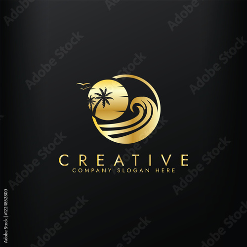 Palm tree wave travel gold logo set Wave beach palm logo design icon combination Vector illustration