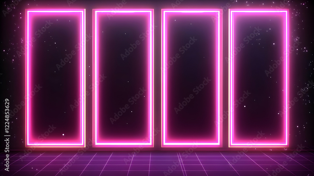 Obraz premium Four Vertical Pink Neon Frames on a Dark Background with a Grid Floor and Particles