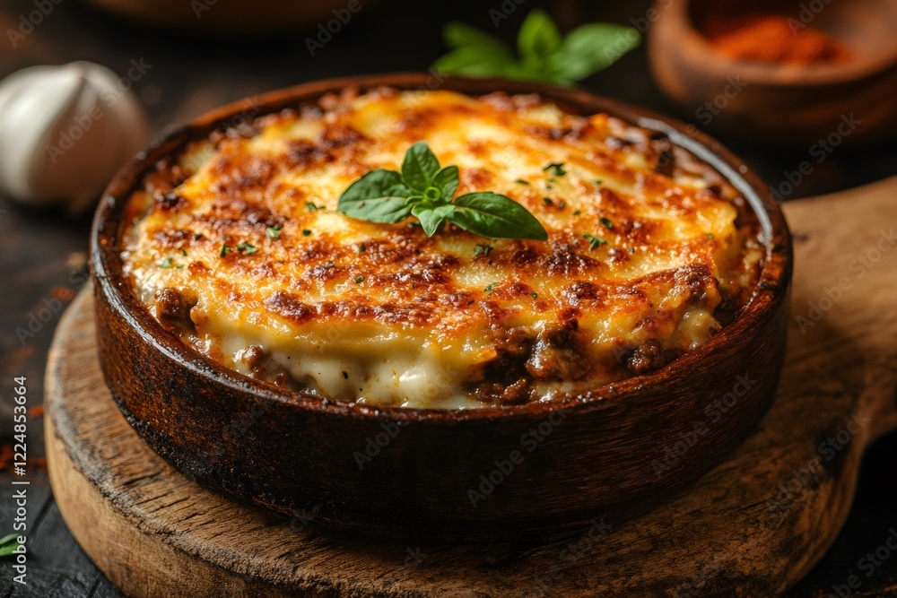 Delicious moussaka with melted cheese and basil resting on wooden board Delicious moussaka with melted cheese and basil resting on wooden board