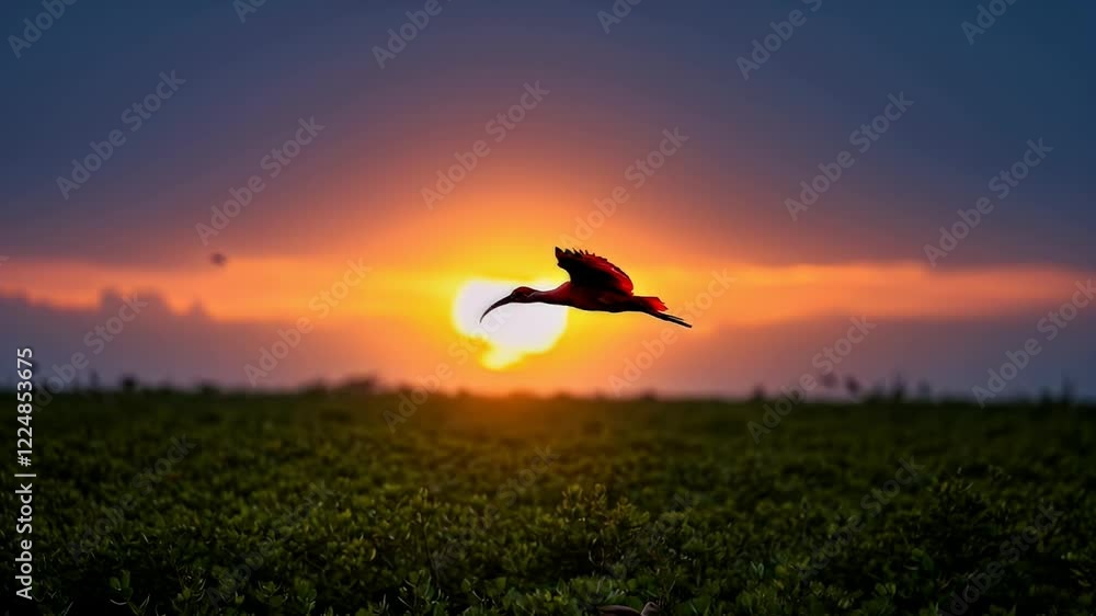 Scarlet Ibis in Flight at Sunset Scarlet Ibis in Flight at Sunset