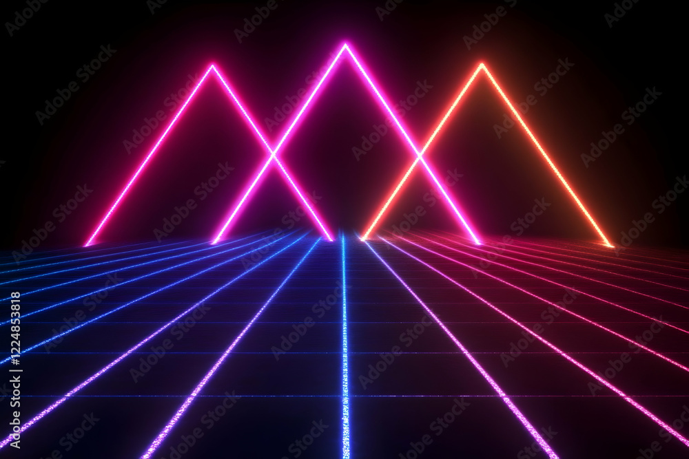 Fototapeta premium Neon Triangles Shine Brightly on a Gridded Surface in a Dark Background.