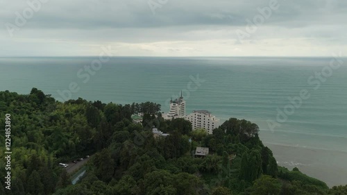 Drone view of the hotel on the beach surrounded by a green forest