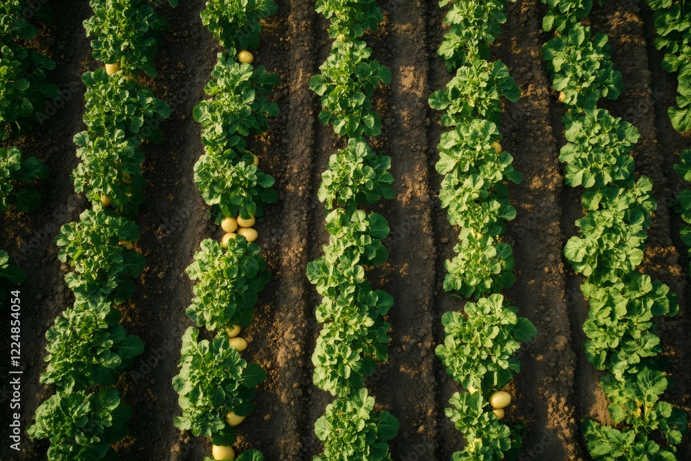 Fototapeta premium Rows of potato plants growing in a farm field