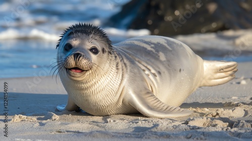 A playful seal rests on the sandy beach, basking in the sun. Its soft fur glistens in the sunlight as it smiles at the camera, embodying the joy of coastal wildlife. photo