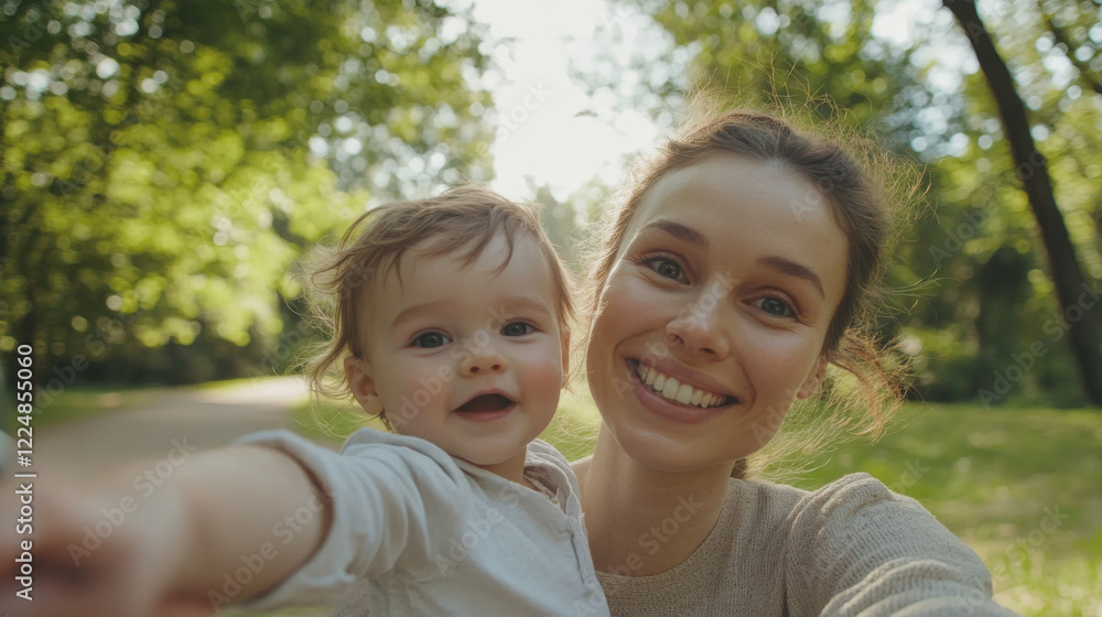 Smiling Mother and Baby Taking a Selfie Outdoors in Nature Smiling Mother and Baby Taking a Selfie Outdoors in Nature