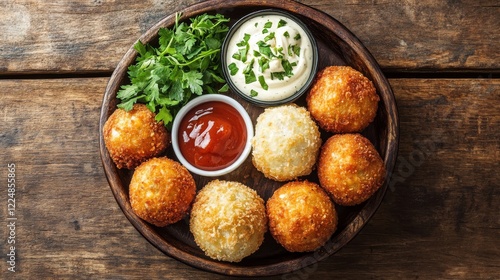 bitterballen with herbs and sauces on a wooden table