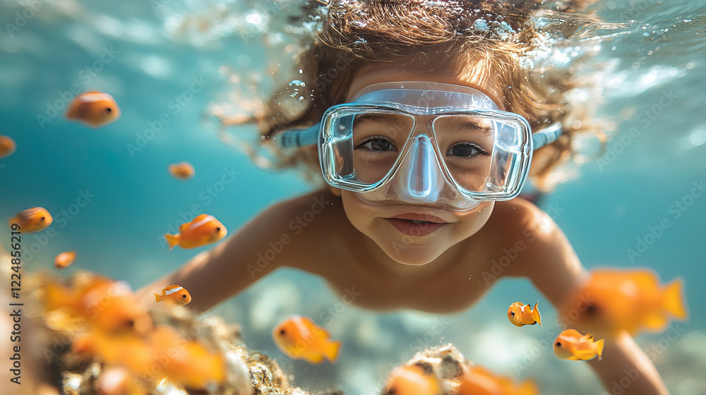 Naklejka premium Joyful underwater adventure with child and tropical fish in crystal clear water